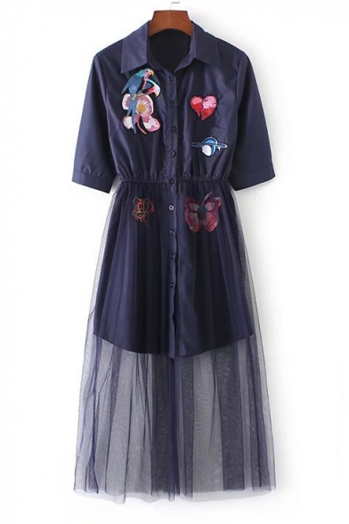 New Arrival Fake Two-Piece Sheer Mesh Patched Lapel Collar Buttons Down Shirt Dress