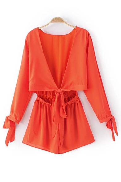 New Arrival Plunge V-Neck Tied Waist Long Sleeve Plain Rompers