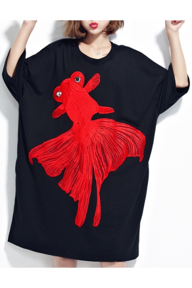 New Fashion Fish Printed Round Neck Short Sleeve Oversize Summer's Tee Dress