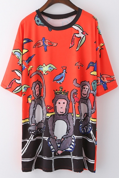 Round Neck Short Sleeve Cartoon Printed Pullover Tunic Graphic T-Shirt