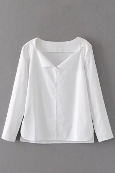 Summer's Basic Simple V Neck Long Sleeve Plain Pullover Blouse