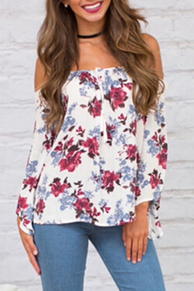 Women's Spaghetti Straps Cold Shoulder Floral Printed Long Sleeve Blouse