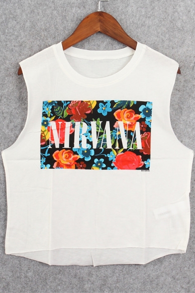 Casual Sleeveless Floral Printed Round Neck Graphic Tee
