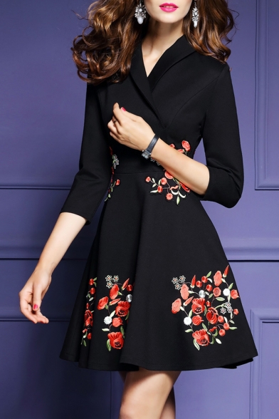 Chic Lapel V Neck 3/4 Sleeve Floral Embroidered A-Line Mini Dress