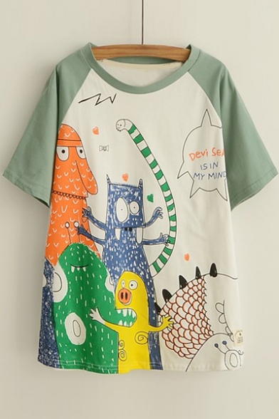 Color Block Cartoon Printed Round Neck Short Sleeve Pullover Graphic Tee