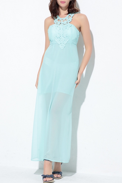 Elegant Cutout Back Lace Patchwork Sleeveless Plain Maxi Chiffon Dress