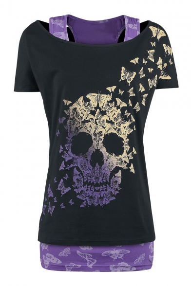 Fake Two-Piece Cold Shoulder Short Sleeve Butterfly Skull Printed Graphic Tee