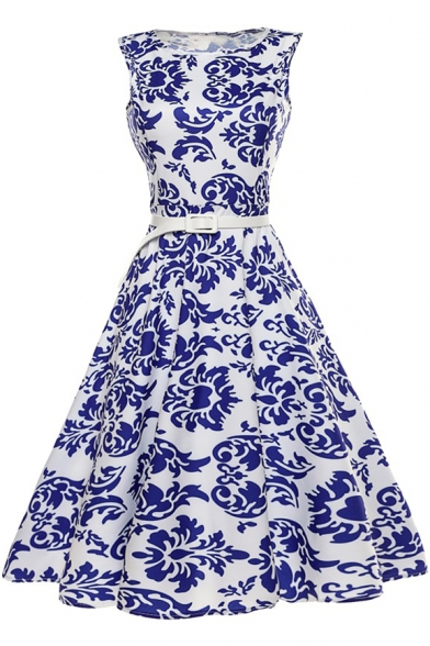 Glamorous Sleeveless White and Blue Color Block Printed Zip Side Midi Swing Dress