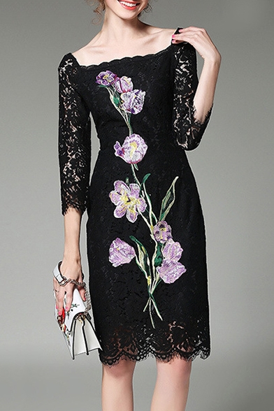 New Fashion Elegant Square Neck 3/4 Sleeve Floral Printed Lace Inserted Pencil Midi Dress