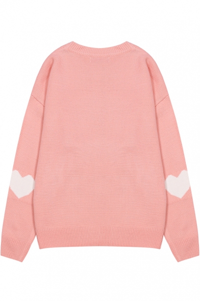 Round Neck Long Sleeve Sweet Heart Printed Pullover Knit Sweater