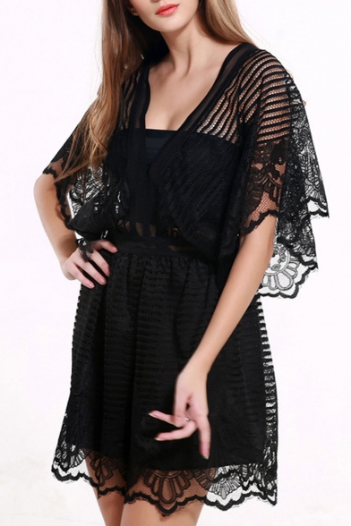 Sexy Lace Hollow Out Batwing Half Sleeve Plunge Neck Plain Rompers