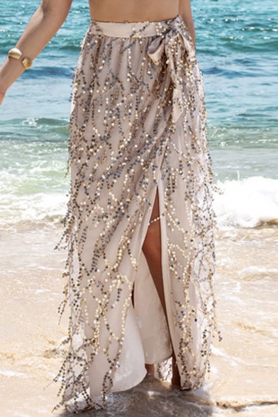 Sexy Split Front Sequined Mesh Maxi Skirt with Bow