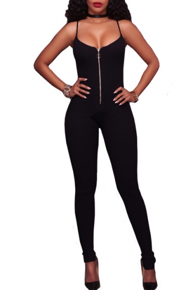Spaghetti Straps New Sexy Zip Fly Plain Open Back Plain Skinny Jumpsuits