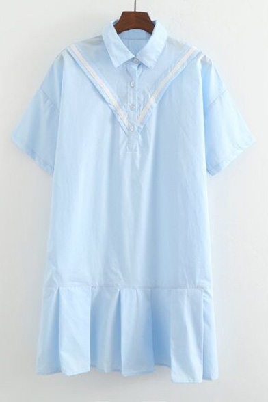 Summer's Ruffle Hem Lapel Collar Short Sleeve Plain Buttons Down Shirt Dress