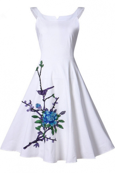 Vintage Floral Embroidered Sleeveless Zip-Back Midi Fit & Flare Dress