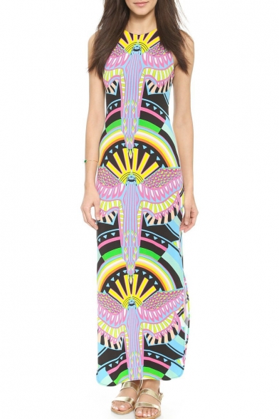 Women's Color Block Printed Sleeve Round Neck Maxi Dress