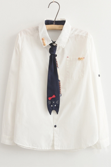Lapel Collar Long Sleeve CVartoon Cat Printed Bow Tie Buttons Down Shirt