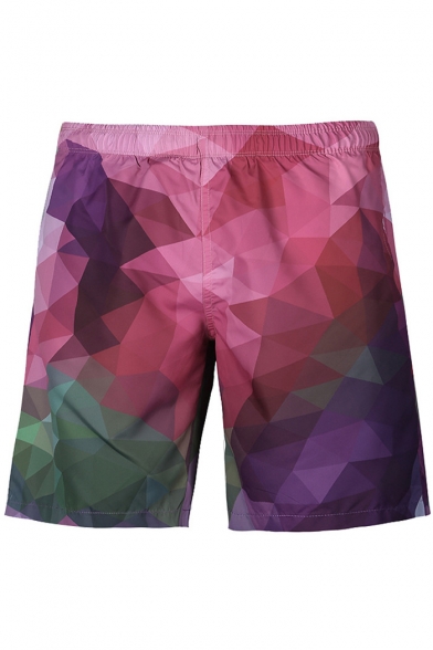 Loose Geometric Printed Color Block Elastic Waist Beach Casual Shorts with Pockets