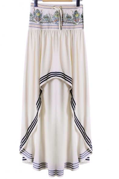 New Stylish Drawstring Waist Striped Trim High Low Hem Asymmetric Skirt