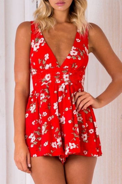 Plunge Neck V Back Sleeveless Floral Printed Beach Rompers