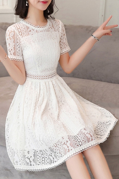 Round Neck Short Sleeve Chic Lace Hollow Out A-Line Midi Dress