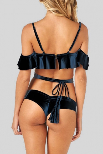 Spaghetti Straps Cold Shoulder Ruffle Hem Plain Bikini Swimwear