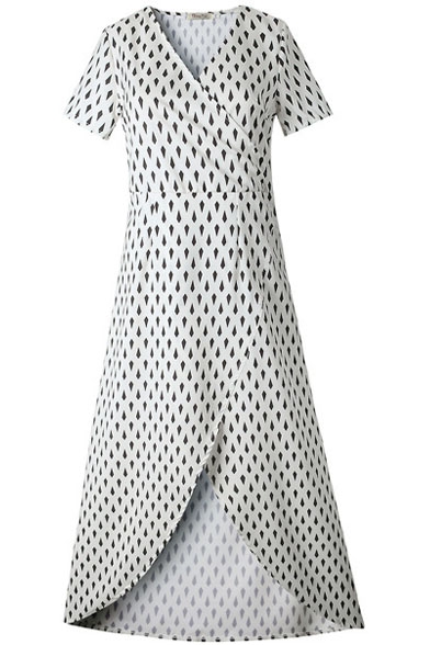 V Neck Short Sleeve Polka Dot Printed Split Front Maxi Dress