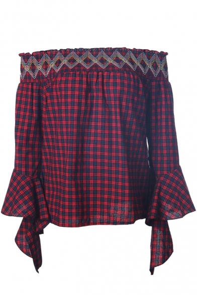 Boat Neck Long Sleeve Classic Plaids Printed Pullover Blouse
