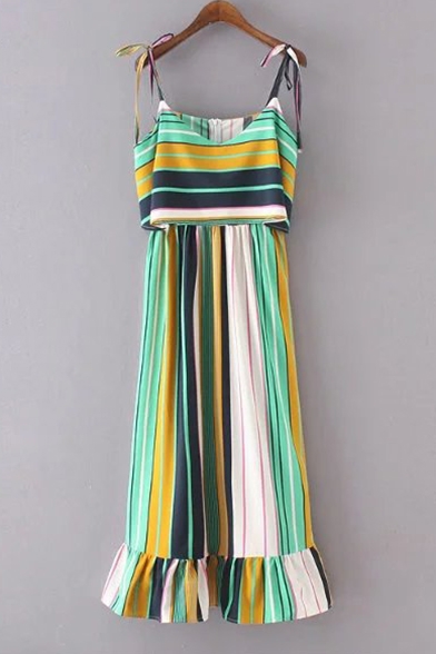 Bow Spaghetti Straps Color Block Striped Printed Ruffle Hem Midi Slip Dress