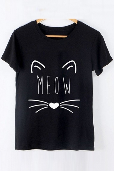 Cartoon Cat Pattern Round Neck Short Sleeve Cotton Graphic T-Shirt