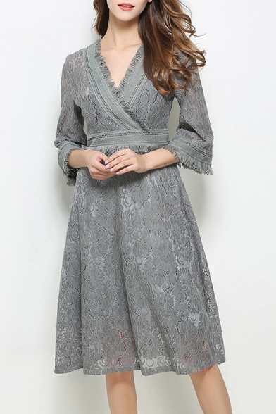 Chic Tassel Trim V Neck 3/4 Sleeve Lace Inserted Elegant A-Line Midi Dress