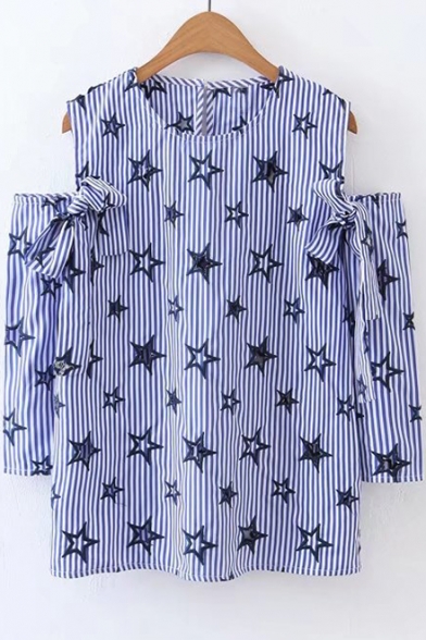 Cold Shoulder Round Neck Star Printed Bow Design Pullover Striped Blouse