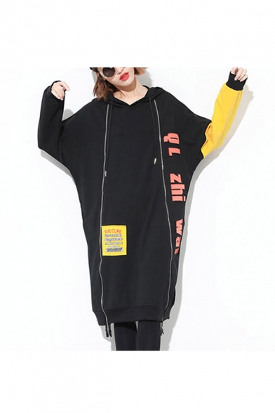 Color Block Letter Printed Hip Hop Style Hooded Leisure Midi Dress