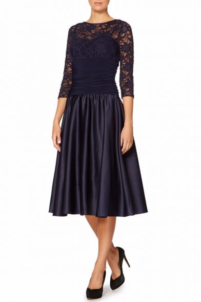 Elegant Chic Lace Patchwork Half Sleeve Ruched Waist Midi Pleated Dress