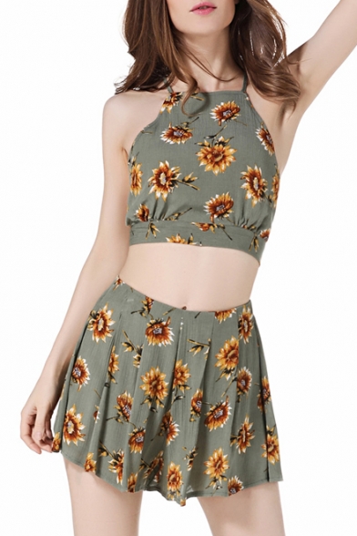 Fashion Halter Crisscross Back Sleeveless Cami with Pleated Skirt Floral Printed Co-ords
