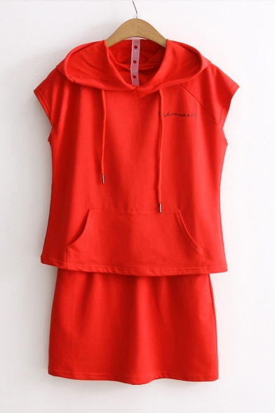 Fashion Hooded Sleeveless Letter Printed Sweatshirt with Elastic Waist Mini Skirt Plain Co-Ords