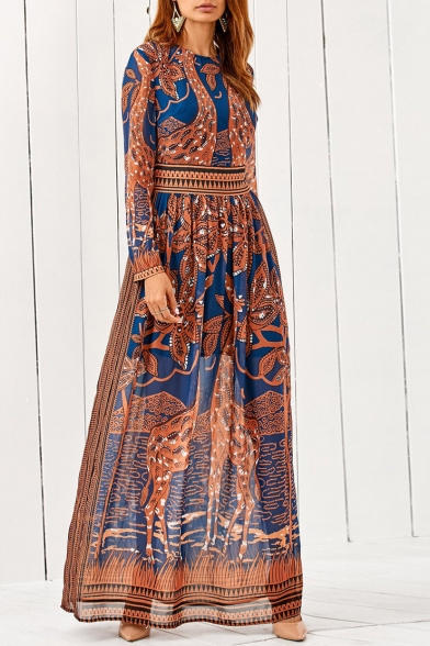 Fashion Tribal Printed Color Block Long Sleeve Round Neck Maxi Dress