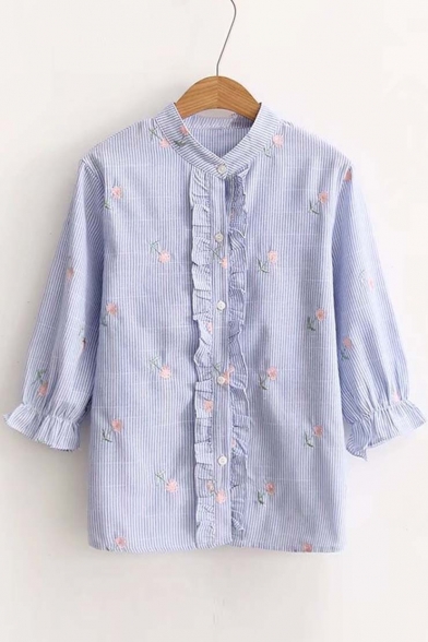 Floral Embroidered Striped Printed 3/4 Sleeve Buttons Down Shirt
