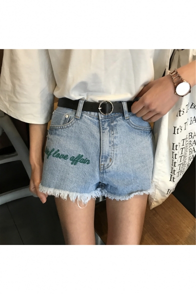 High Rise Letter Embroidered Fringe Hem Denim Shorts Hot Pants