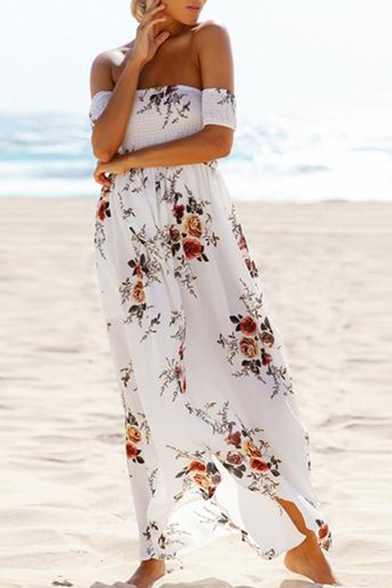 New Fashion Off The Shoulder Short Sleeve Split Front Maxi Beach Dress