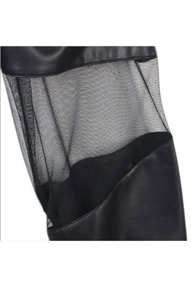 New Fashion Sheer Mesh Leather Patched Plain Skinny Leggings
