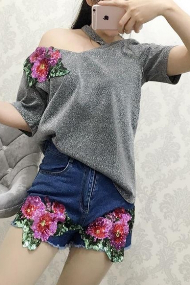 One Shoulder Short Sleeve Floral Printed Shiner Tee Denim Shorts Set