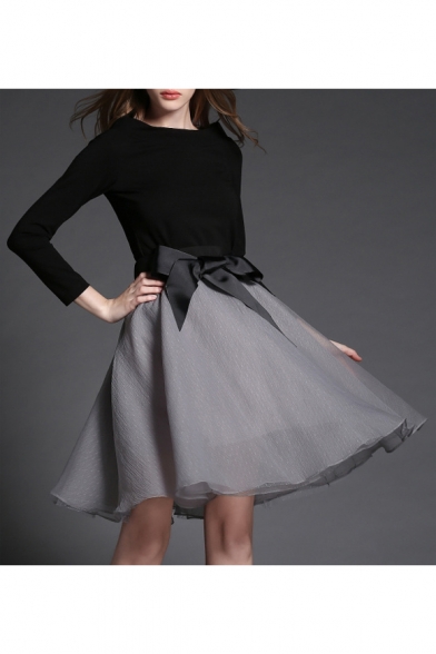 Round Neck Long Sleeve Plain Top Bow Waist A-Line Gauze Mini Skirt Set
