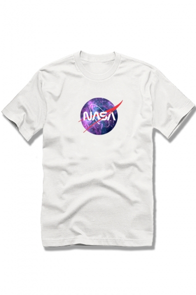 Space Letter Printed Round Neck Short Sleeve Stylish Galaxy Pullover Tee