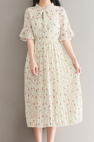 Summer's Fresh Bow Tie Short Sleeve Floral Printed Chiffon Midi Tea Dress
