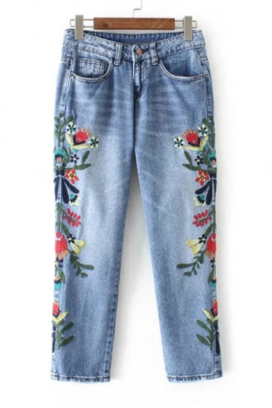 Symmetrical Floral Embroidered New Fashion Capri Jeans - Beautifulhalo.com