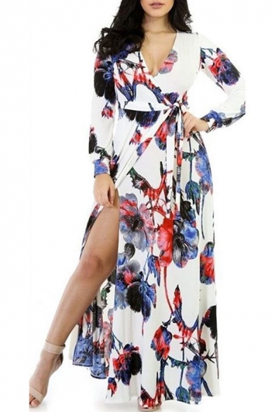 Women's Fashion V-Neck Floral Printed Belt Waist Split Side Long Sleeve Maxi Dress