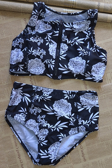 Women's Floral Printed Zipper Front Top with High Waist Bottom Bikinis