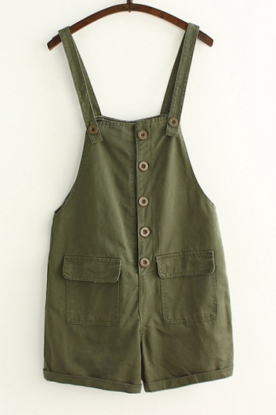 Buttons Down Casual Leisure Cotton Plain Overalls with Pockets