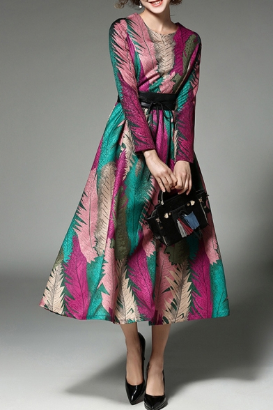 Elegant Round Neck Long Sleeve Color Block Zip Back Fashion A-Line Maxi Dress